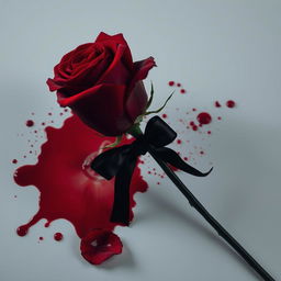 A hauntingly beautiful composition featuring a full-stemmed red rose drenched in blood, with a luxurious black ribbon elegantly tied around its stem