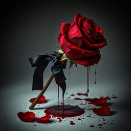 A hauntingly beautiful composition featuring a full-stemmed red rose drenched in blood, with a luxurious black ribbon elegantly tied around its stem