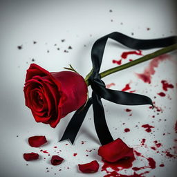 A hauntingly beautiful composition featuring a full-stemmed red rose drenched in blood, with a luxurious black ribbon elegantly tied around its stem