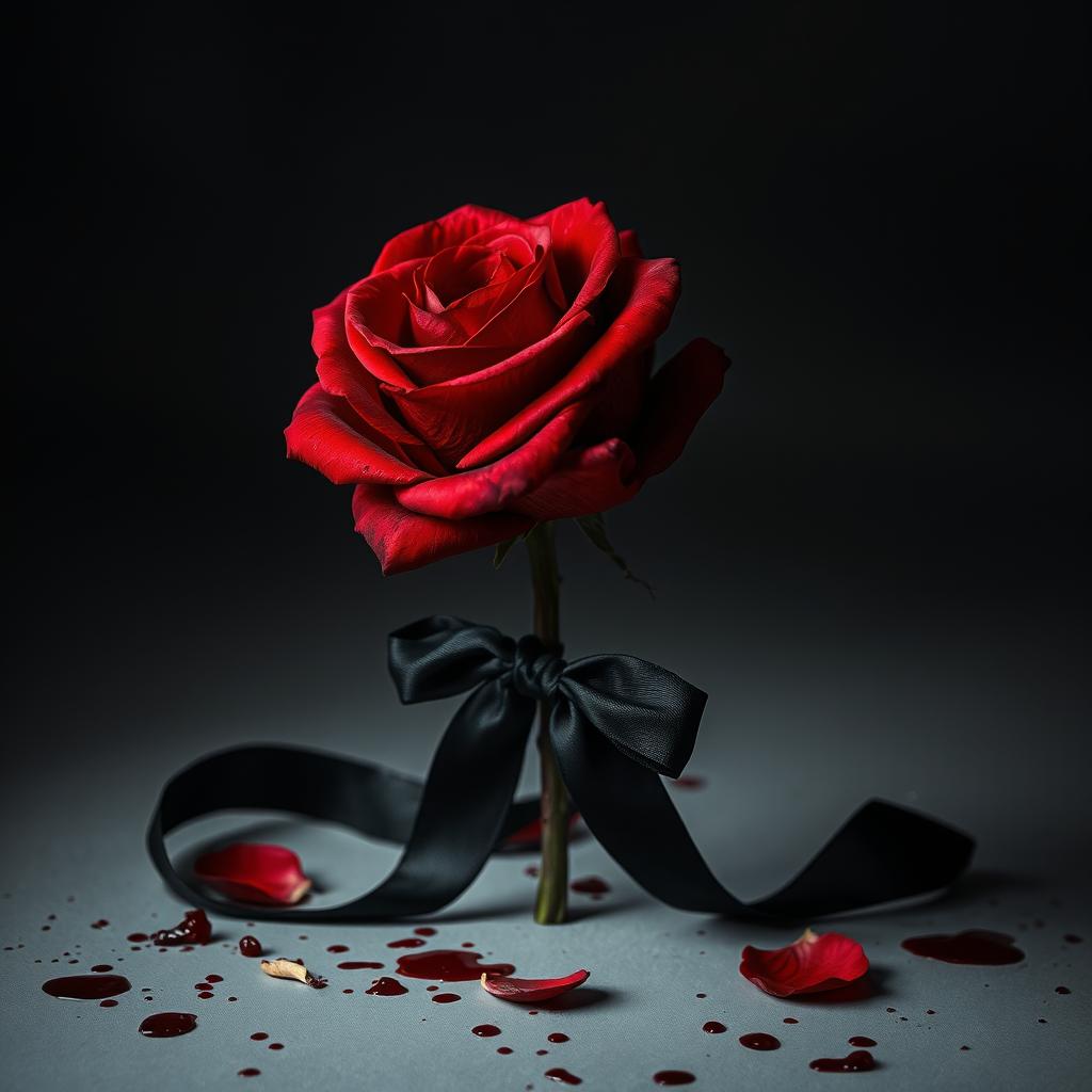 A hauntingly beautiful composition featuring a full-stemmed red rose drenched in blood, with a luxurious black ribbon elegantly tied around its stem