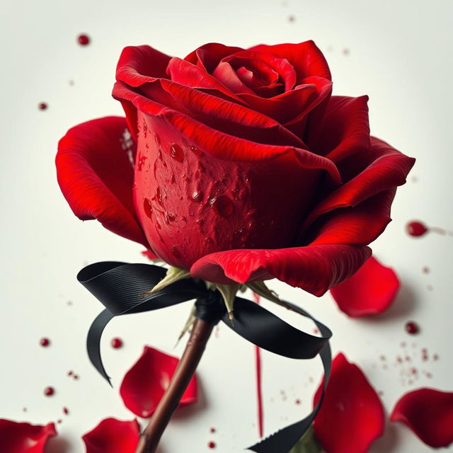 A stunningly detailed image of a full-stemmed red rose, lavishly covered in blood, evoking a sense of dramatic beauty