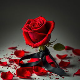 A stunningly detailed image of a full-stemmed red rose, lavishly covered in blood, evoking a sense of dramatic beauty