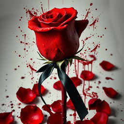 A stunningly detailed image of a full-stemmed red rose, lavishly covered in blood, evoking a sense of dramatic beauty