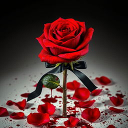 A stunningly detailed image of a full-stemmed red rose, lavishly covered in blood, evoking a sense of dramatic beauty