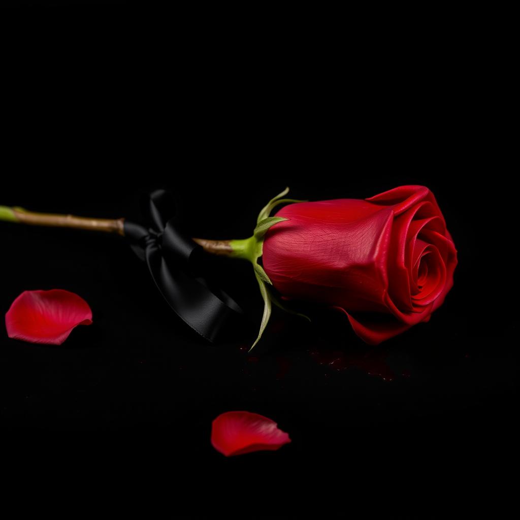 A captivating image of a red rose lying gracefully on a stark black background, the petals glistening with blood