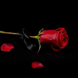 A captivating image of a red rose lying gracefully on a stark black background, the petals glistening with blood