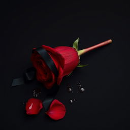 A captivating image of a red rose lying gracefully on a stark black background, the petals glistening with blood