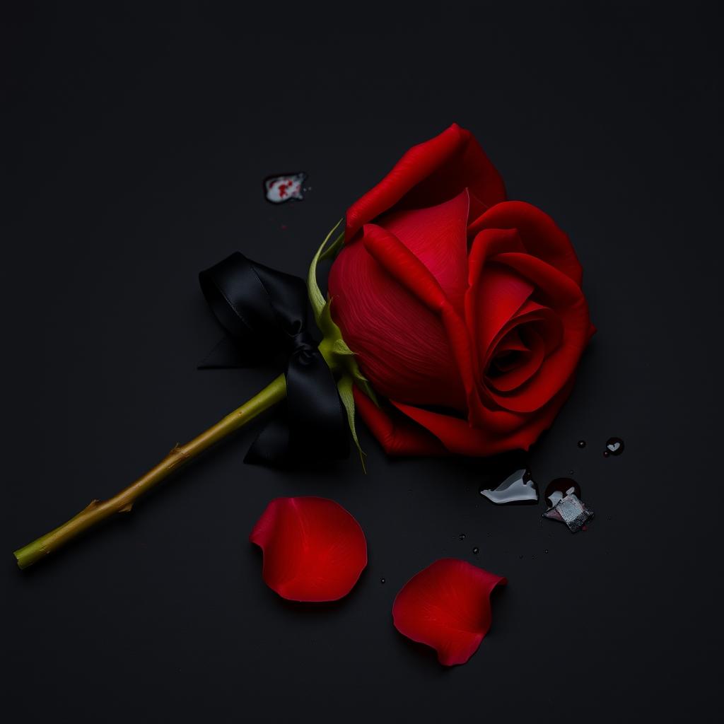 A captivating image of a red rose lying gracefully on a stark black background, the petals glistening with blood