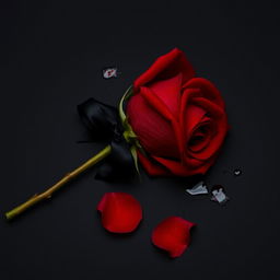 A captivating image of a red rose lying gracefully on a stark black background, the petals glistening with blood