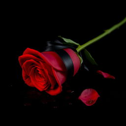 A captivating image of a red rose lying gracefully on a stark black background, the petals glistening with blood