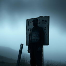 A faceless dark-skinned man standing solemnly beside a weathered sign that reads "Enterra-me onde meus sonhos morreram"