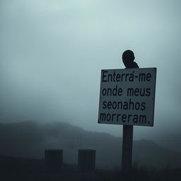 A faceless dark-skinned man standing solemnly beside a weathered sign that reads "Enterra-me onde meus sonhos morreram"