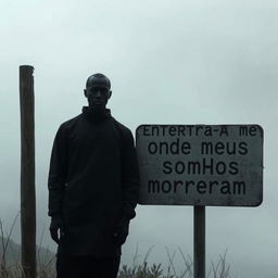 A faceless dark-skinned man standing solemnly beside a weathered sign that reads "Enterra-me onde meus sonhos morreram"