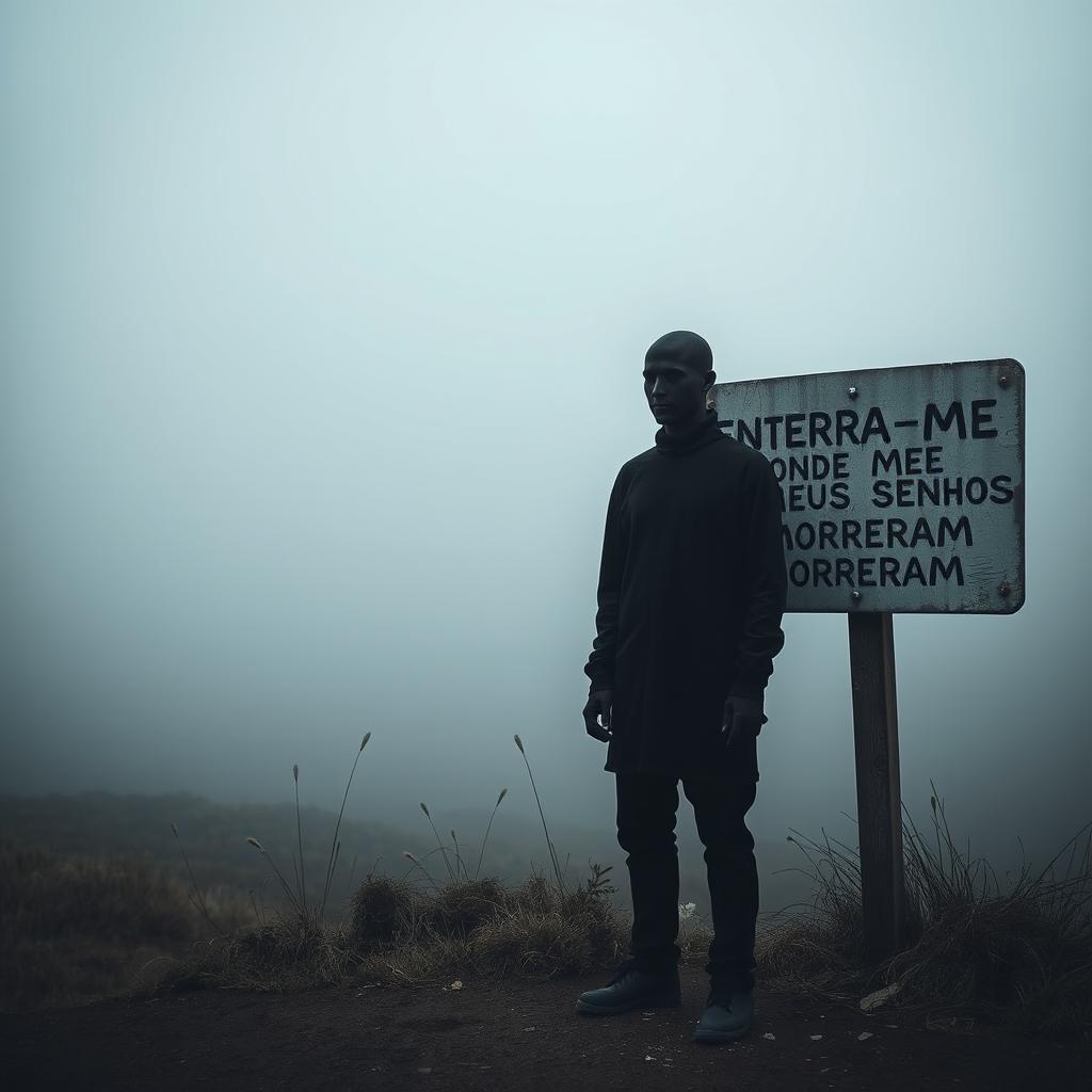 A faceless dark-skinned man standing solemnly beside a weathered sign that reads "Enterra-me onde meus sonhos morreram"