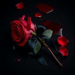 A visually striking image of a red rose lying on a deep black background, vivid with blood