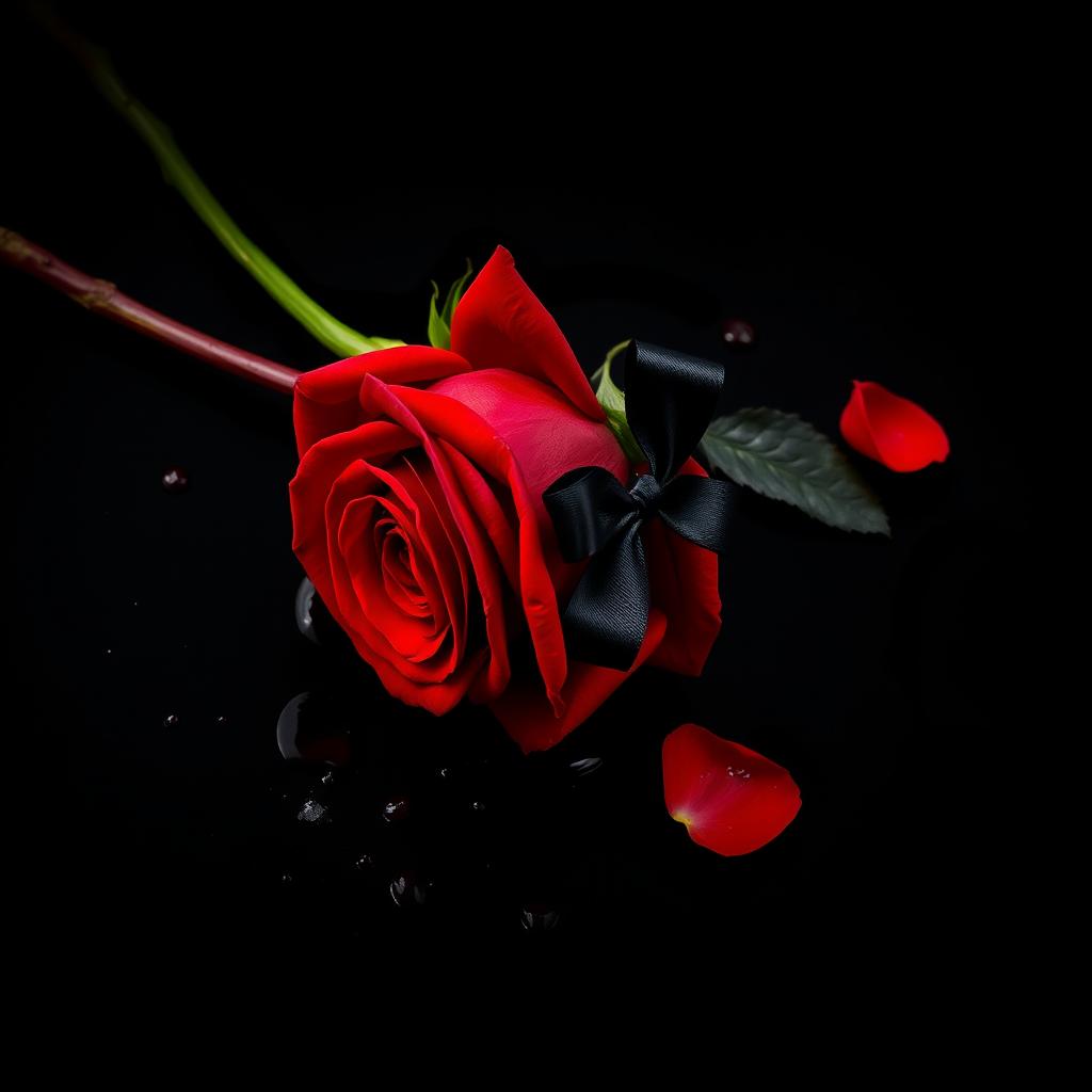 A visually striking image of a red rose lying on a deep black background, vivid with blood