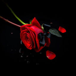 A visually striking image of a red rose lying on a deep black background, vivid with blood