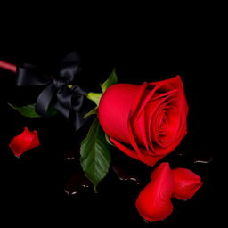 A visually striking image of a red rose lying on a deep black background, vivid with blood