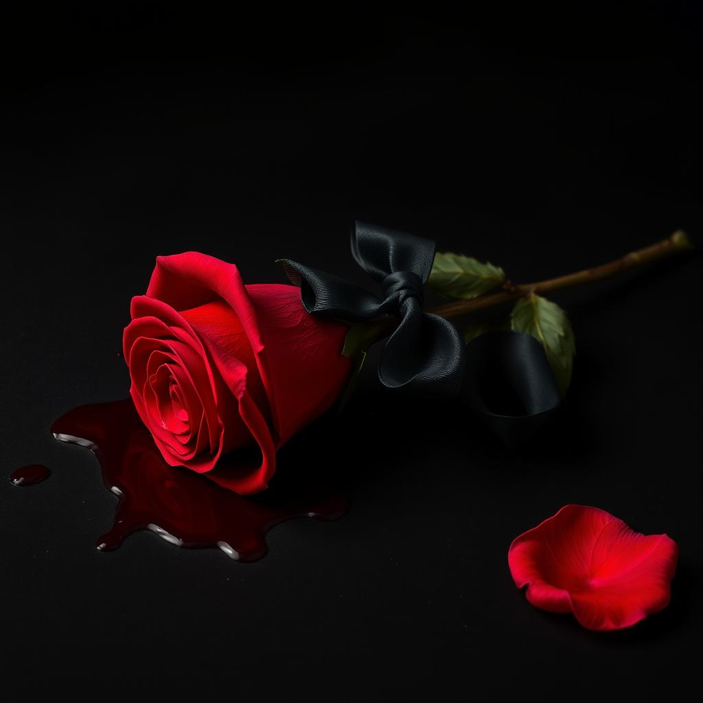 A visually striking image of a red rose lying on a deep black background, vivid with blood