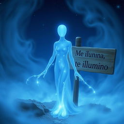 A faceless blue entity, ethereal and glowing, standing beside a rustic sign that reads "Me ilumina, te ilumino"