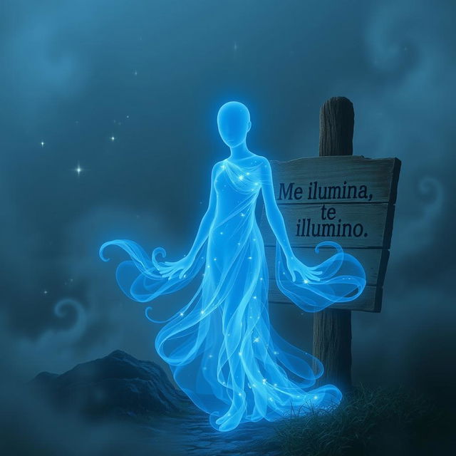 A faceless blue entity, ethereal and glowing, standing beside a rustic sign that reads "Me ilumina, te ilumino"