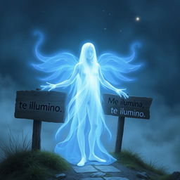 A faceless blue entity, ethereal and glowing, standing beside a rustic sign that reads "Me ilumina, te ilumino"