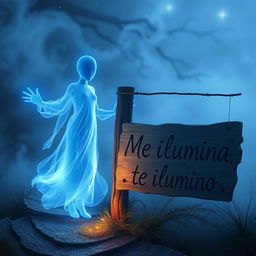 A faceless blue entity, ethereal and glowing, standing beside a rustic sign that reads "Me ilumina, te ilumino"