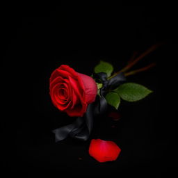 An evocative image of a red rose, positioned on a deep black background, vividly covered in blood