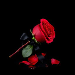 An evocative image of a red rose, positioned on a deep black background, vividly covered in blood