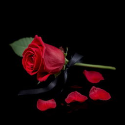 An evocative image of a red rose, positioned on a deep black background, vividly covered in blood