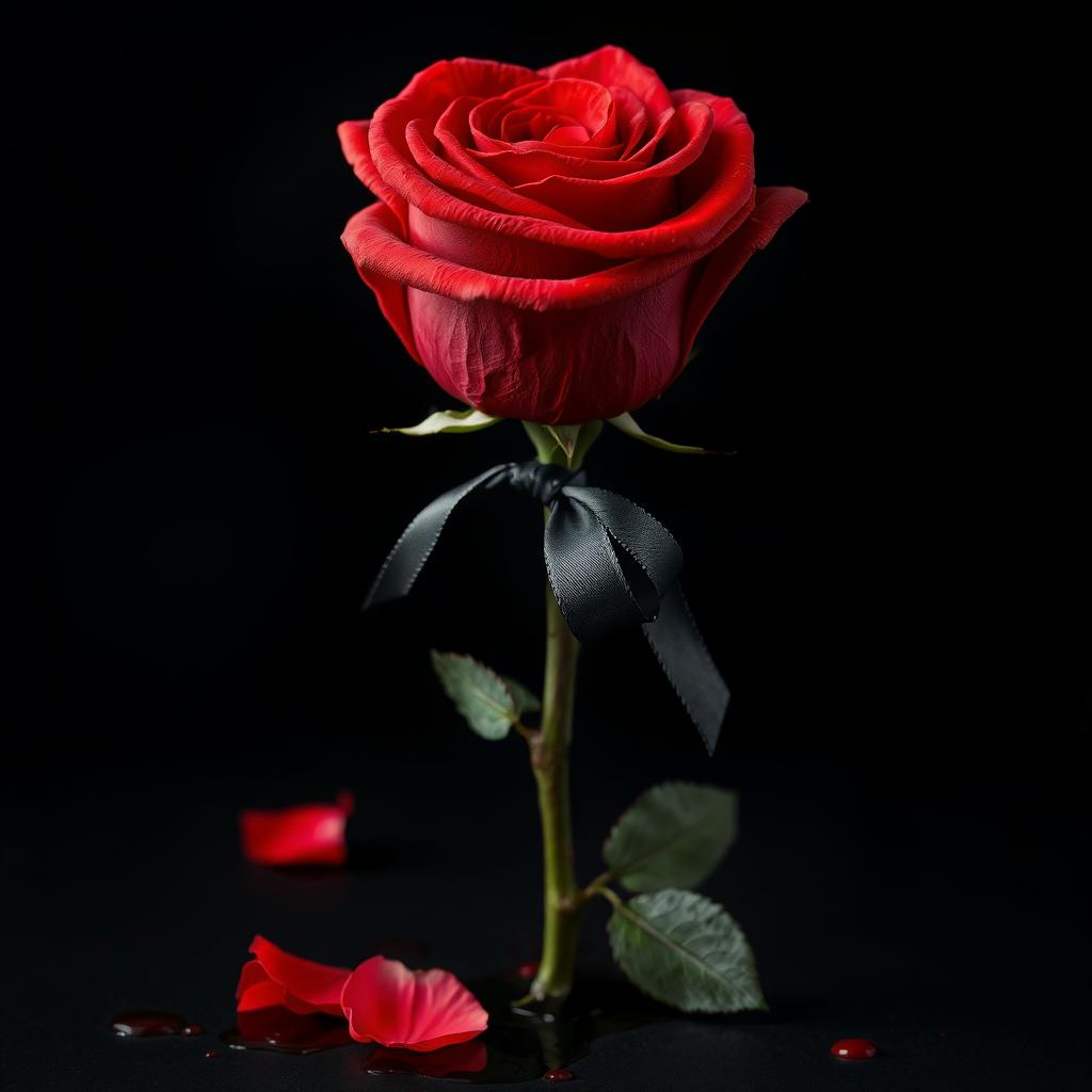 An evocative image of a red rose, positioned on a deep black background, vividly covered in blood