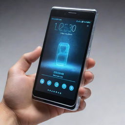 A futuristic mobile phone from 100 years in the future. It's sleek, transparent, and ultra-thin with holographic display and intelligent AI interface. The phone seamlessly integrates with human senses, showcasing advanced technology.