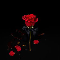 A striking image of a red rose positioned on a deep black background, richly covered in blood