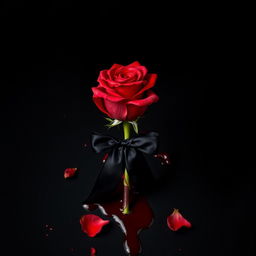 A striking image of a red rose positioned on a deep black background, richly covered in blood