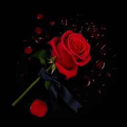 A striking image of a red rose positioned on a deep black background, richly covered in blood