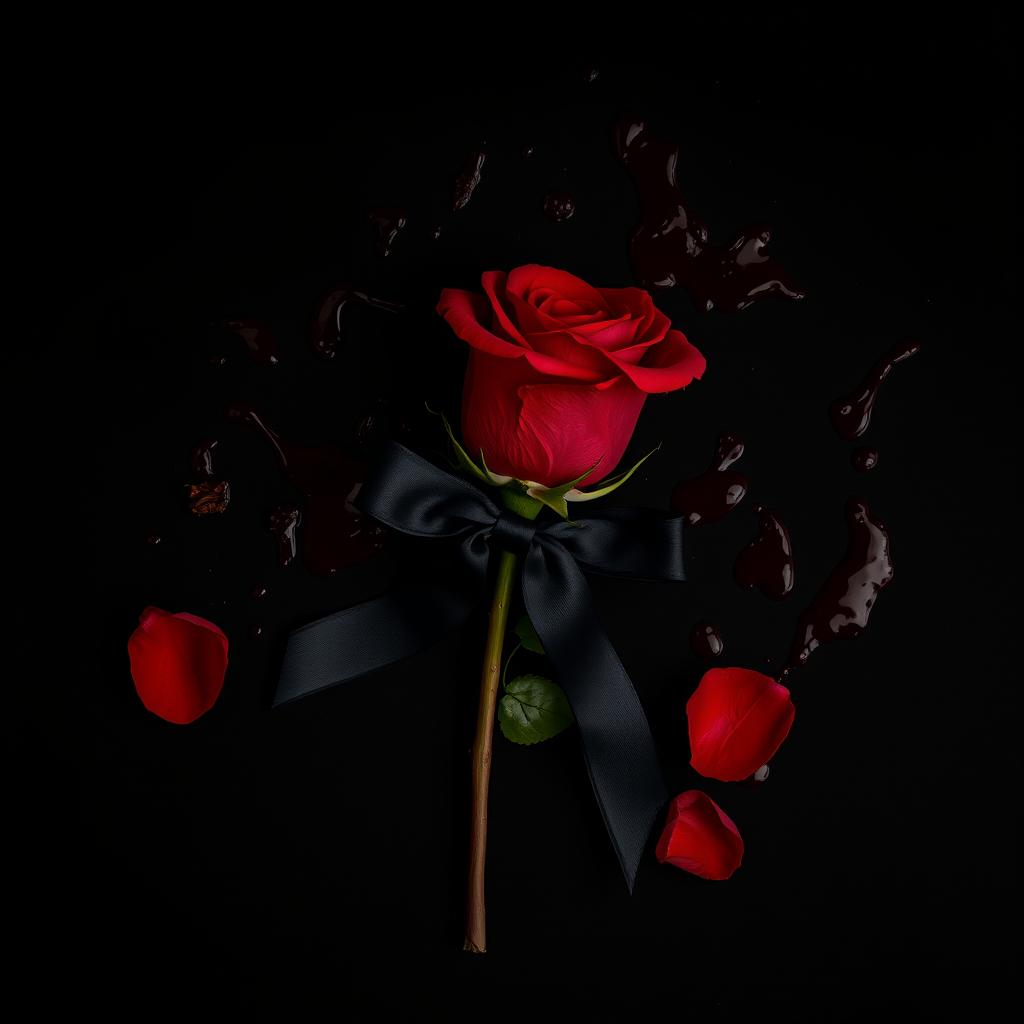 A striking image of a red rose positioned on a deep black background, richly covered in blood