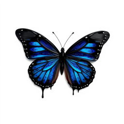 A black butterfly with blue highlights, almost melting in appearance, set against a pure white background