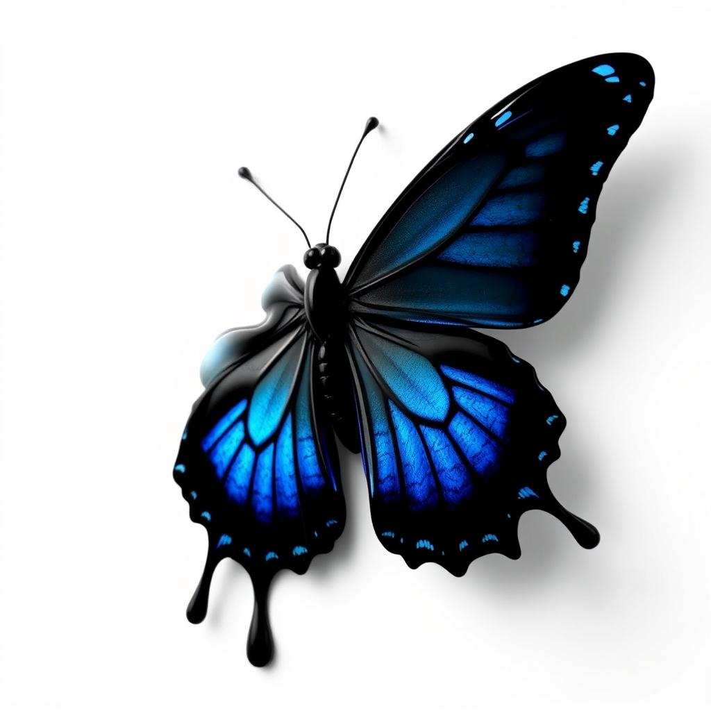 A black butterfly with blue highlights, almost melting in appearance, set against a pure white background