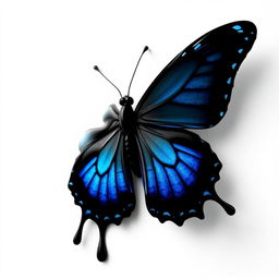 A black butterfly with blue highlights, almost melting in appearance, set against a pure white background