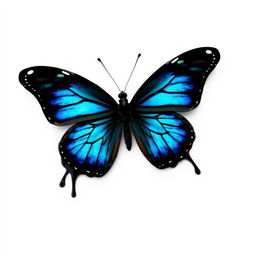 A black butterfly with blue highlights, almost melting in appearance, set against a pure white background