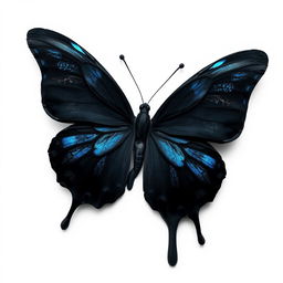 A black butterfly with blue highlights, almost melting in appearance, set against a pure white background