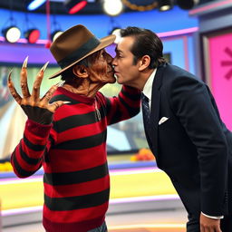 A surreal scene depicting Freddy Krueger, the iconic horror character, leaning in to kiss Silvio Santos, the beloved Brazilian television presenter