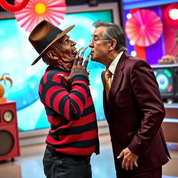 A surreal scene depicting Freddy Krueger, the iconic horror character, leaning in to kiss Silvio Santos, the beloved Brazilian television presenter