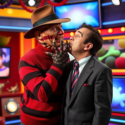 A surreal scene depicting Freddy Krueger, the iconic horror character, leaning in to kiss Silvio Santos, the beloved Brazilian television presenter