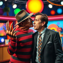 A surreal scene depicting Freddy Krueger, the iconic horror character, leaning in to kiss Silvio Santos, the beloved Brazilian television presenter