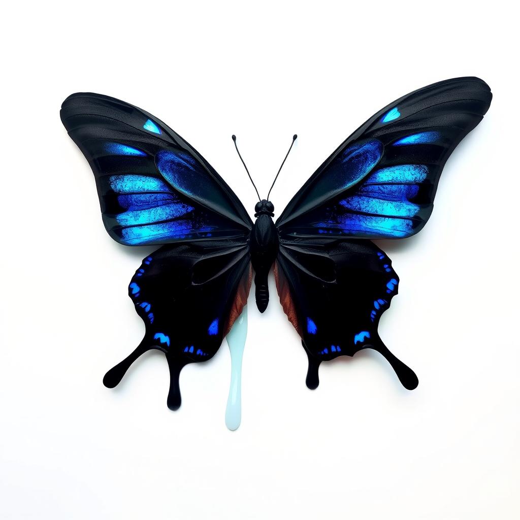 A black butterfly with striking blue accents, appearing almost as if it is melting, set against a pristine white background