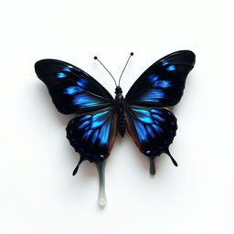 A black butterfly with striking blue accents, appearing almost as if it is melting, set against a pristine white background