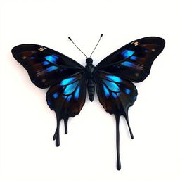 A black butterfly with striking blue accents, appearing almost as if it is melting, set against a pristine white background