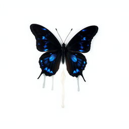 A black butterfly with striking blue accents, appearing almost as if it is melting, set against a pristine white background