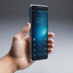 A futuristic mobile phone from 100 years in the future. It's sleek, transparent, and ultra-thin with holographic display and intelligent AI interface. The phone seamlessly integrates with human senses, showcasing advanced technology.